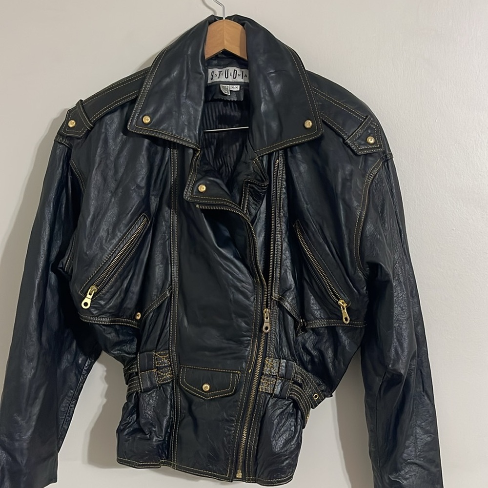 Studio sienna Vintage Black Leather Motorcycle Jacket 90s y2k moto medium Women'